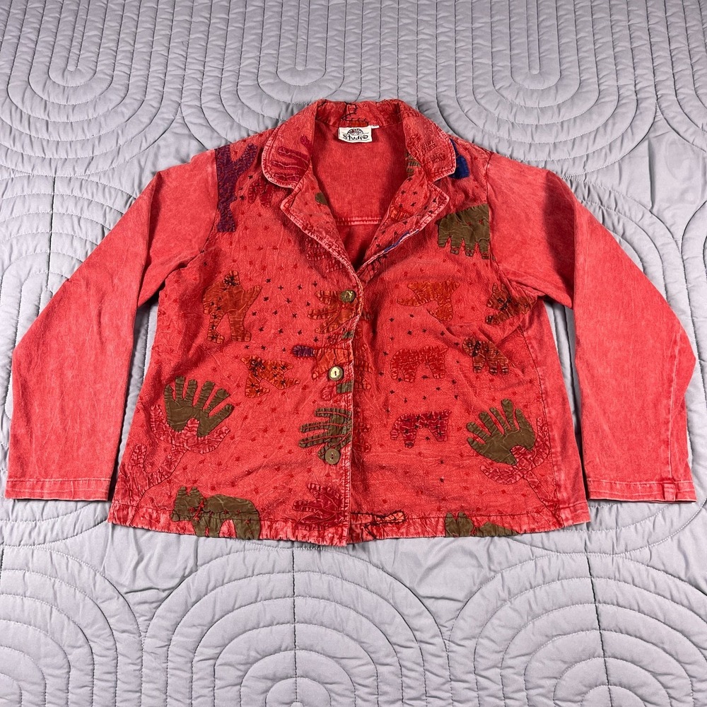Produce Studio Womens Jacket Shirt Blazer XL Animals Embroidered Red USA Vintage